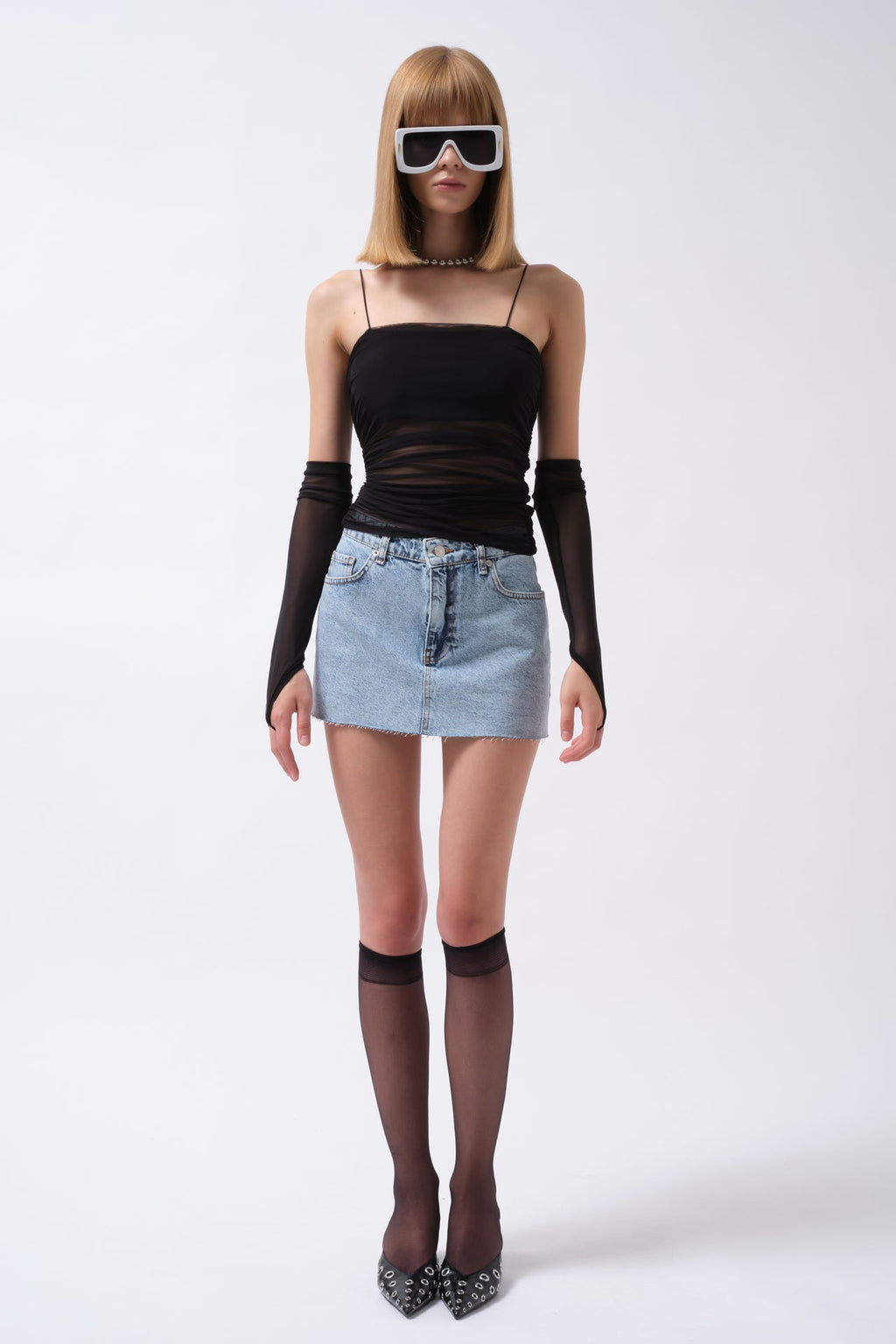 Sleevek Detay Strappy Black Tulle Blouse