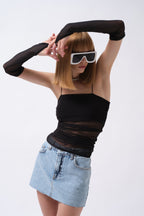 Sleevek Detay Strappy Black Tulle Blouse