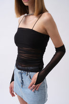 Sleevek Detay Strappy Black Tulle Blouse