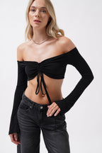 Boat Neck Adjustable Black Blouse
