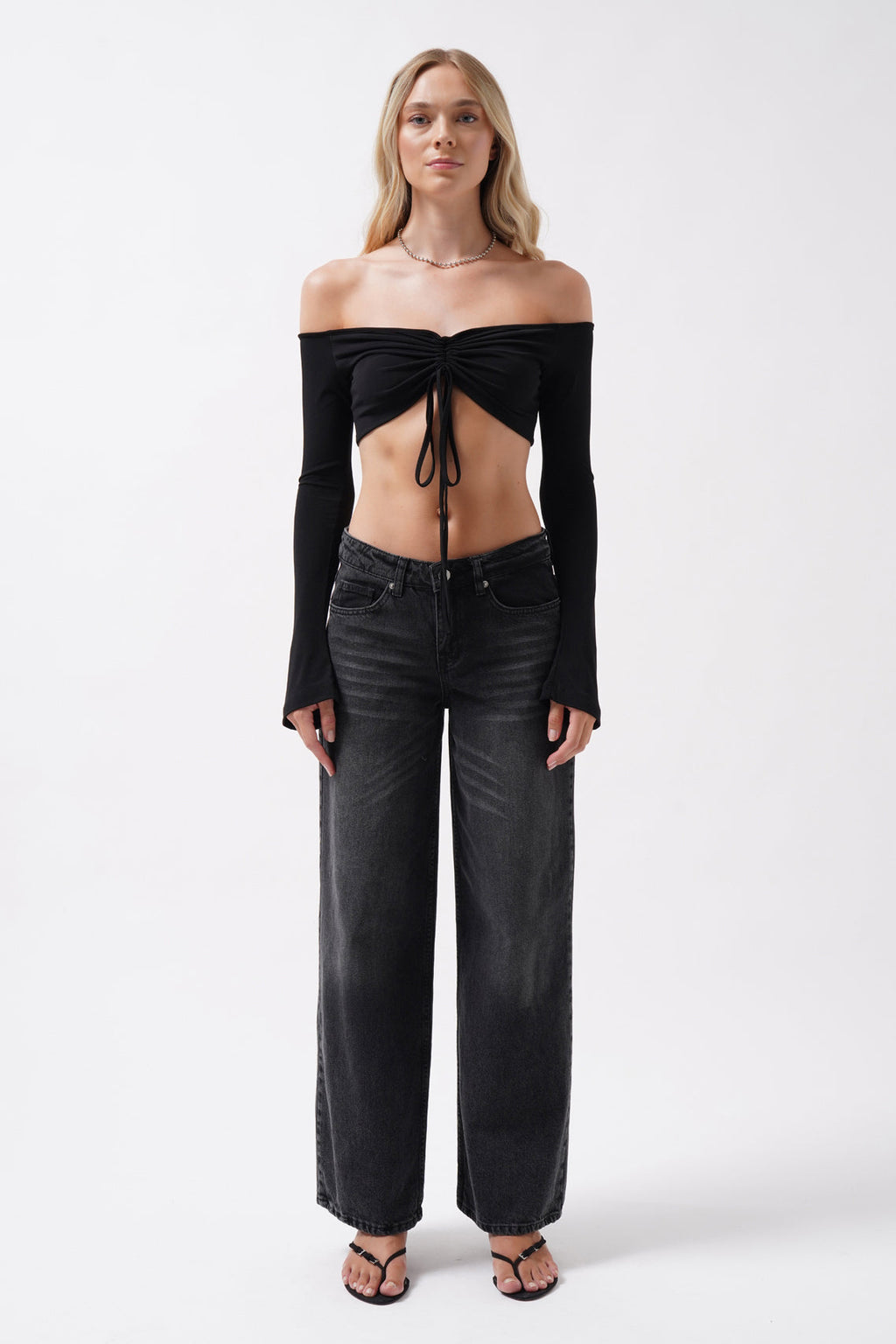 Boat Neck Adjustable Black Blouse