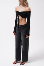 Boat Neck Adjustable Black Blouse