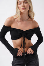 Boat Neck Adjustable Black Blouse