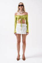Boat Neck Adjustable Green Blouse