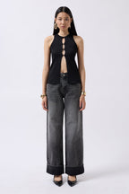 Halter Neck Bust Detay Black Blouse