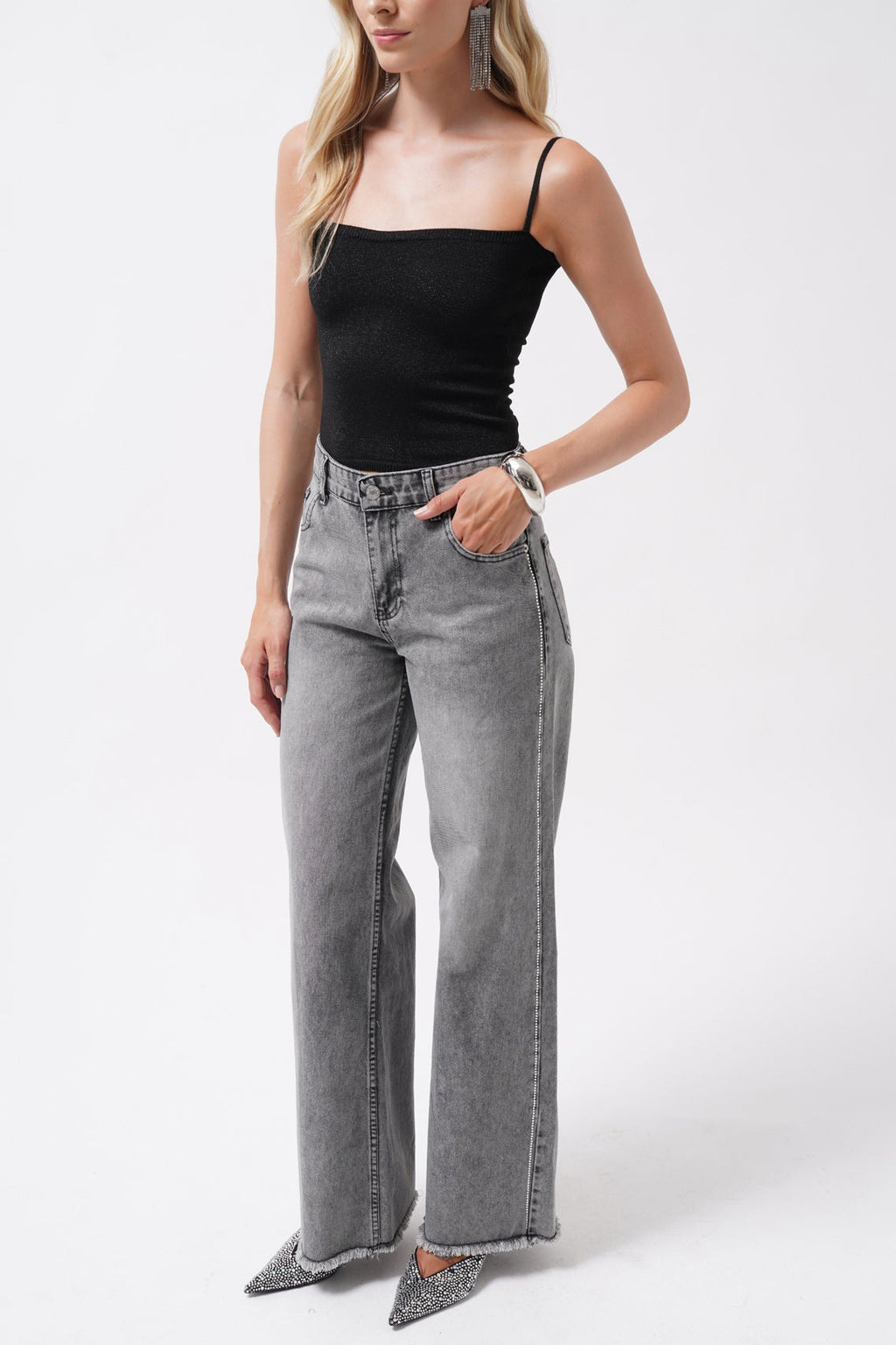 Strap Detay Parlak Black Knit Blouse