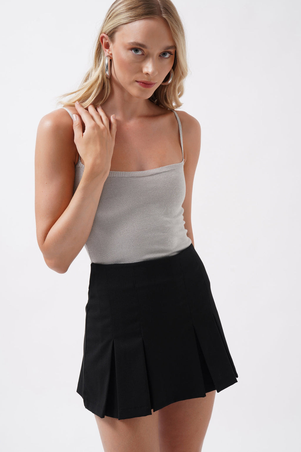 Strap Detay Parlak Silver Knit Blouse