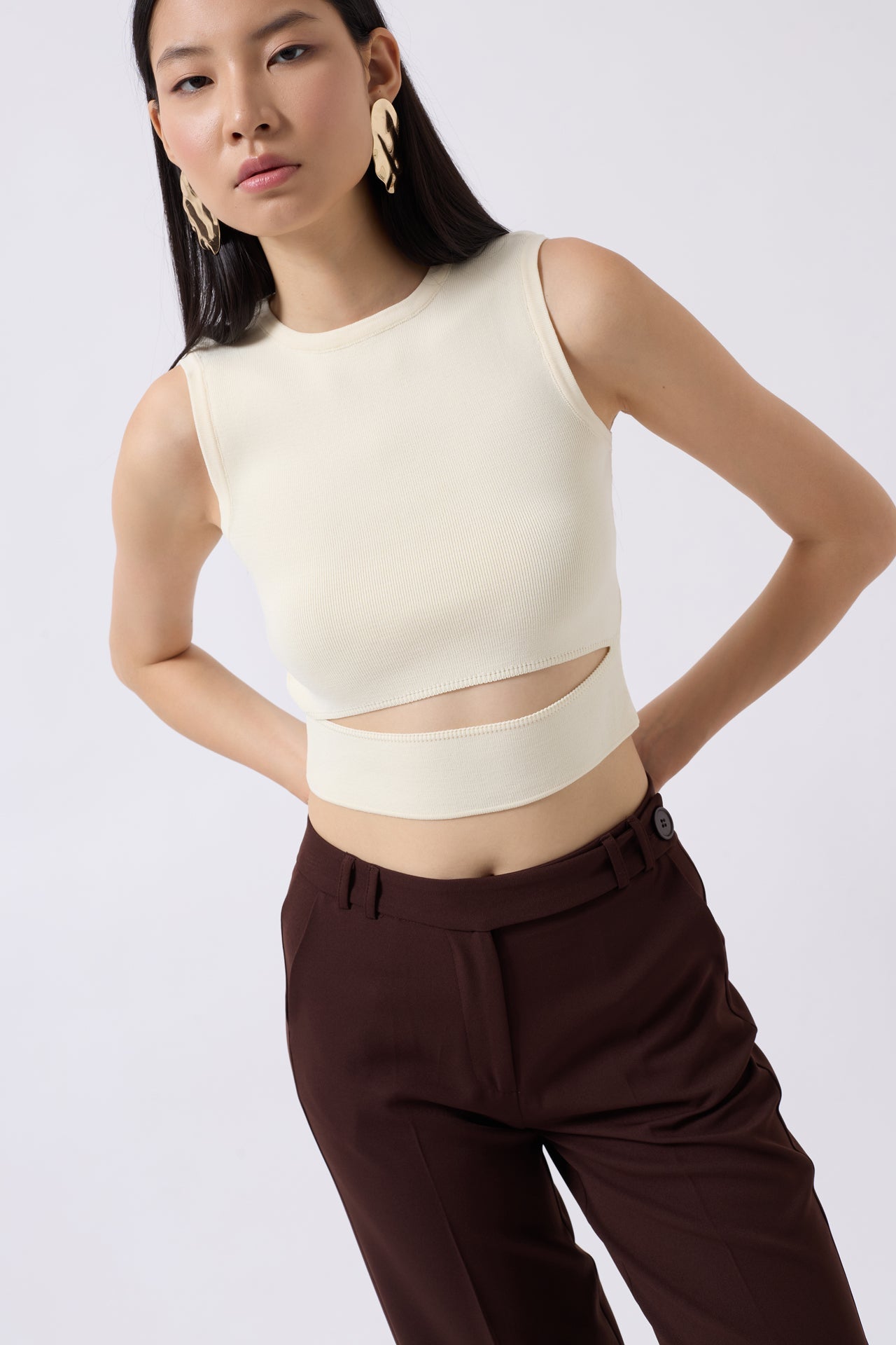 Pencere Detay Ecru Knit Blouse