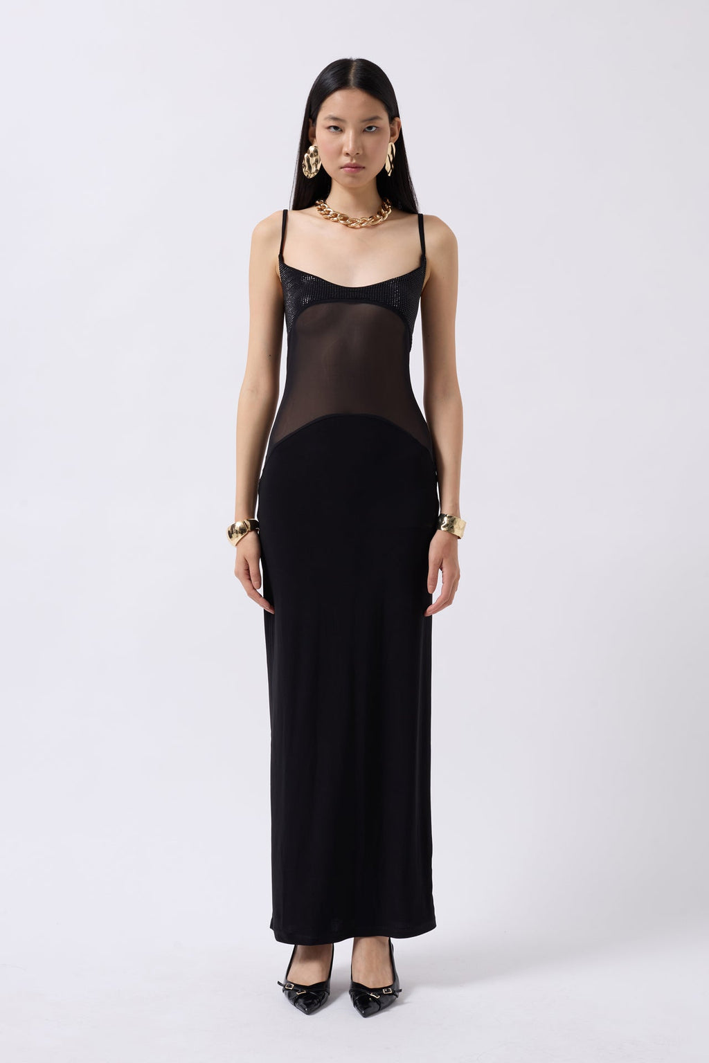 Tulle Contrast Detail Sequin Black Maxi Dress