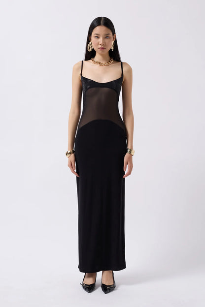 Tulle Garnished Sequined Black Maxi Dress