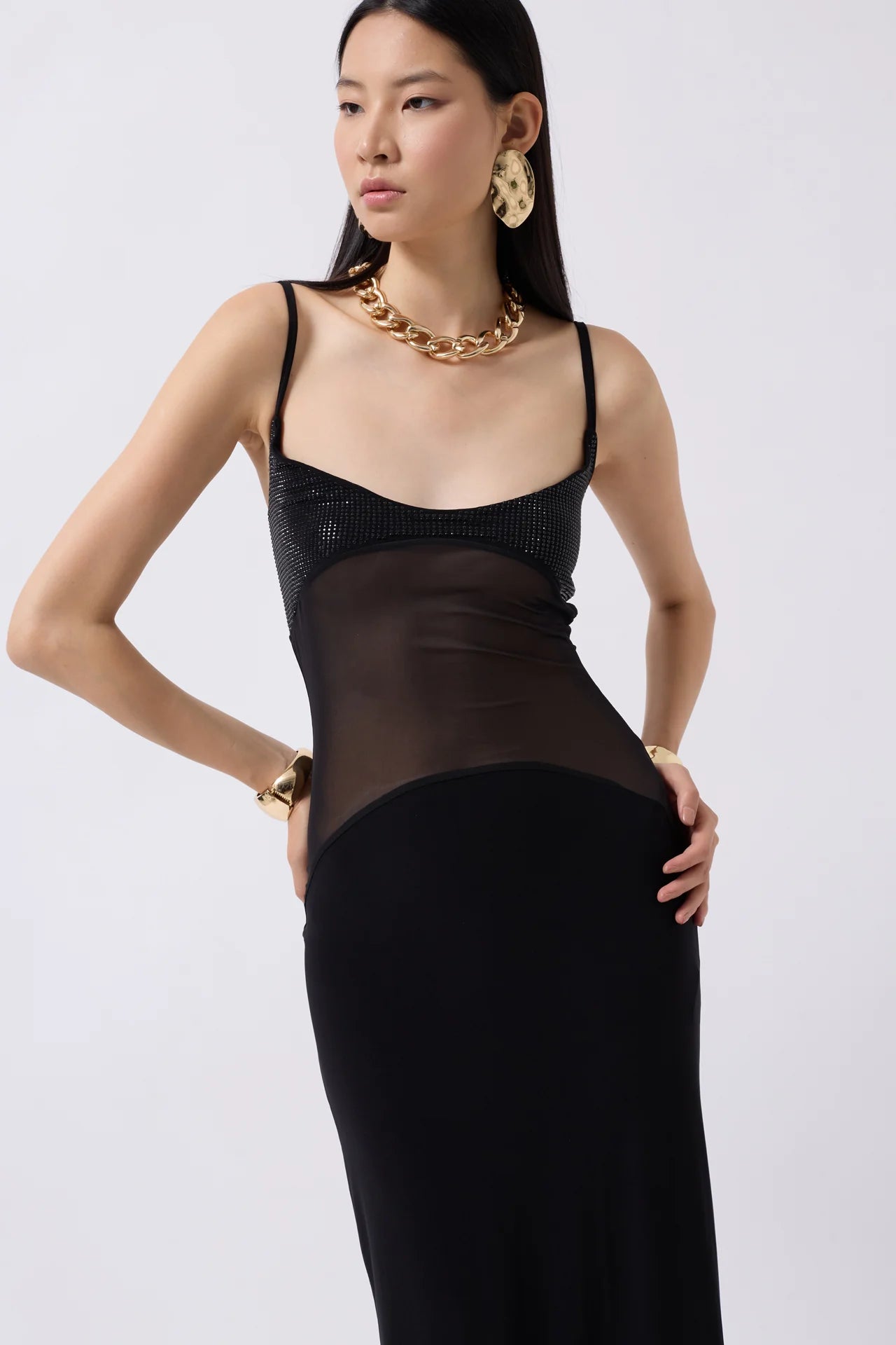 Tulle Garnished Sequined Black Maxi Dress