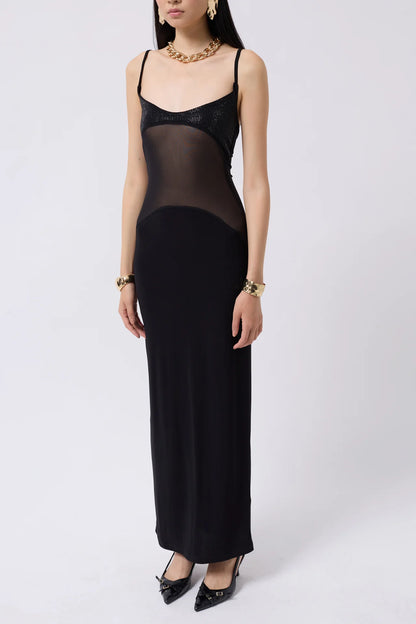 Tulle Garnished Sequined Black Maxi Dress