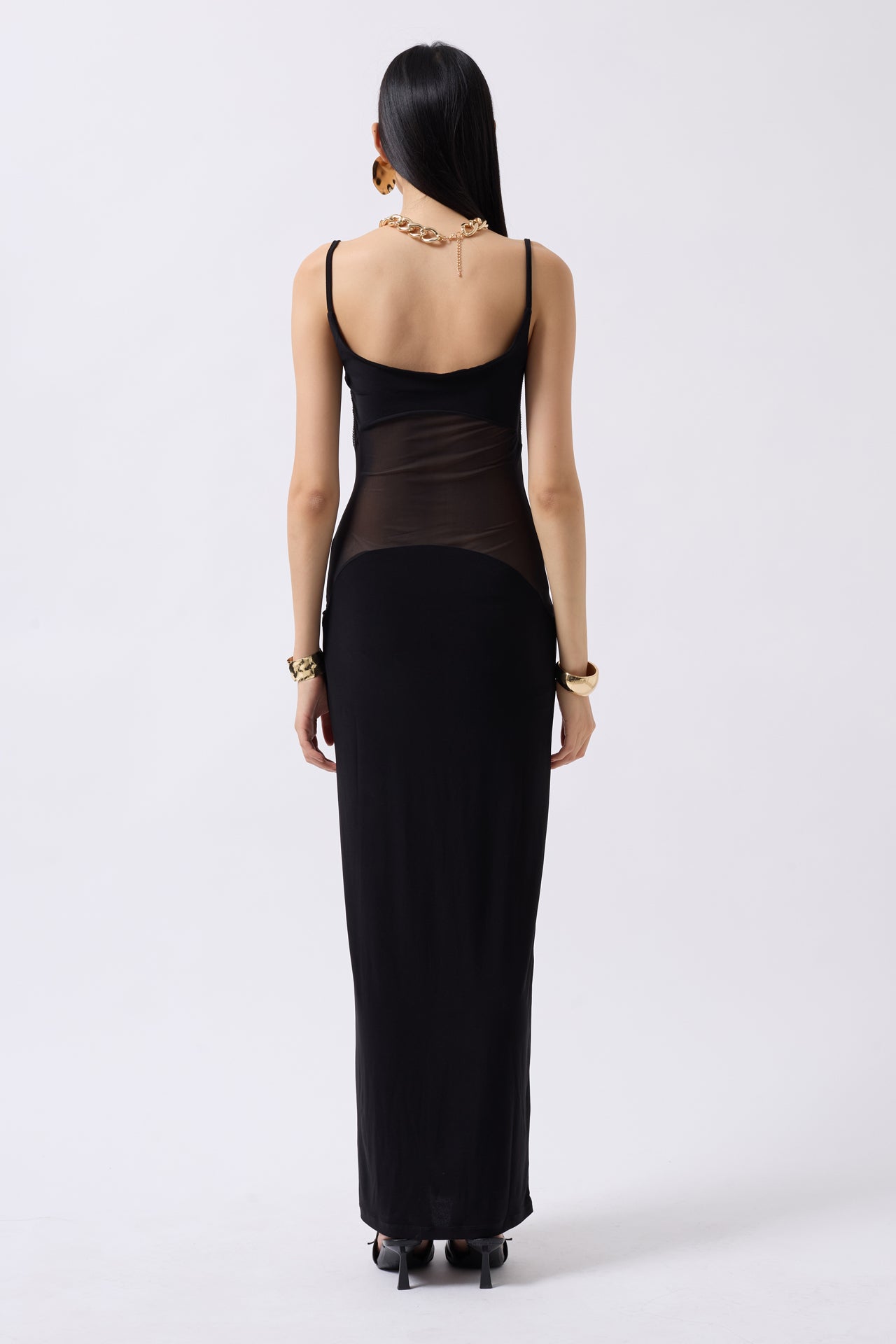 Tulle Contrast Detail Sequin Black Maxi Dress