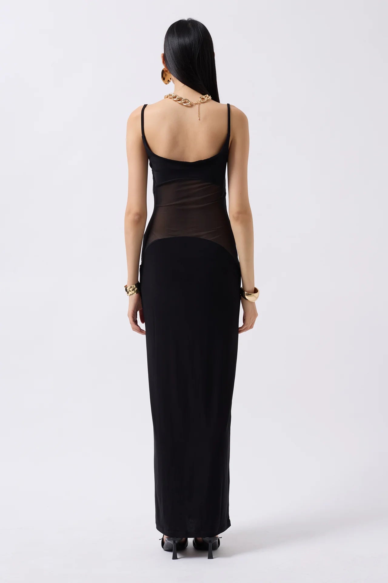 Tulle Garnished Sequined Black Maxi Dress