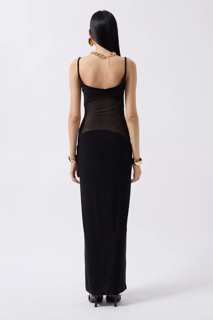 Tulle Garnished Sequined Black Maxi Dress
