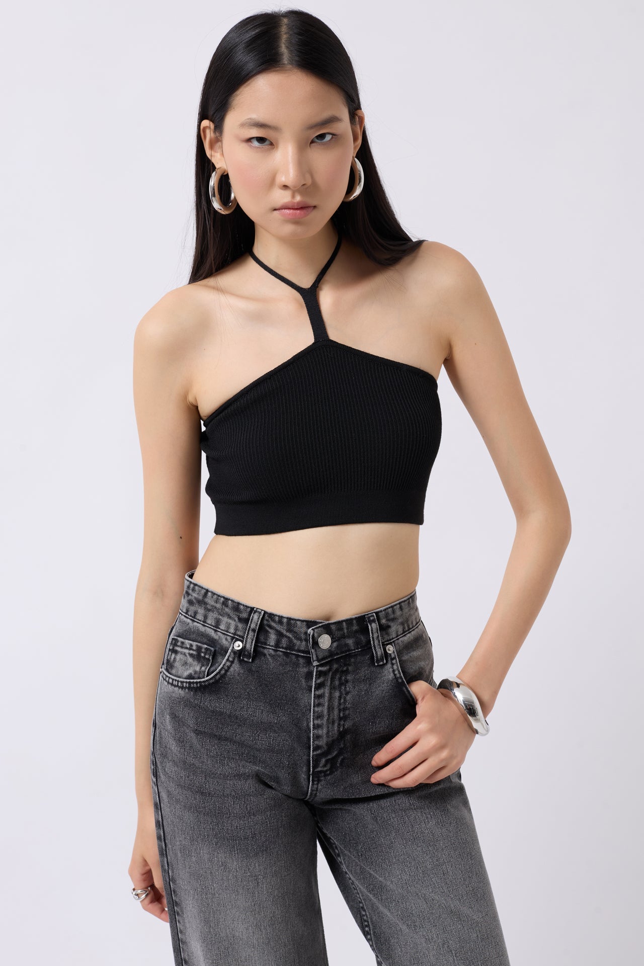 Pencere Detay Ribbed Black Crop