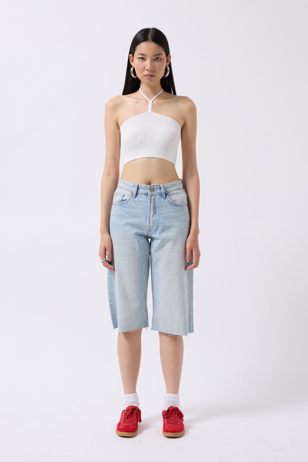 Pencere Detay Ribbed Ecru Crop