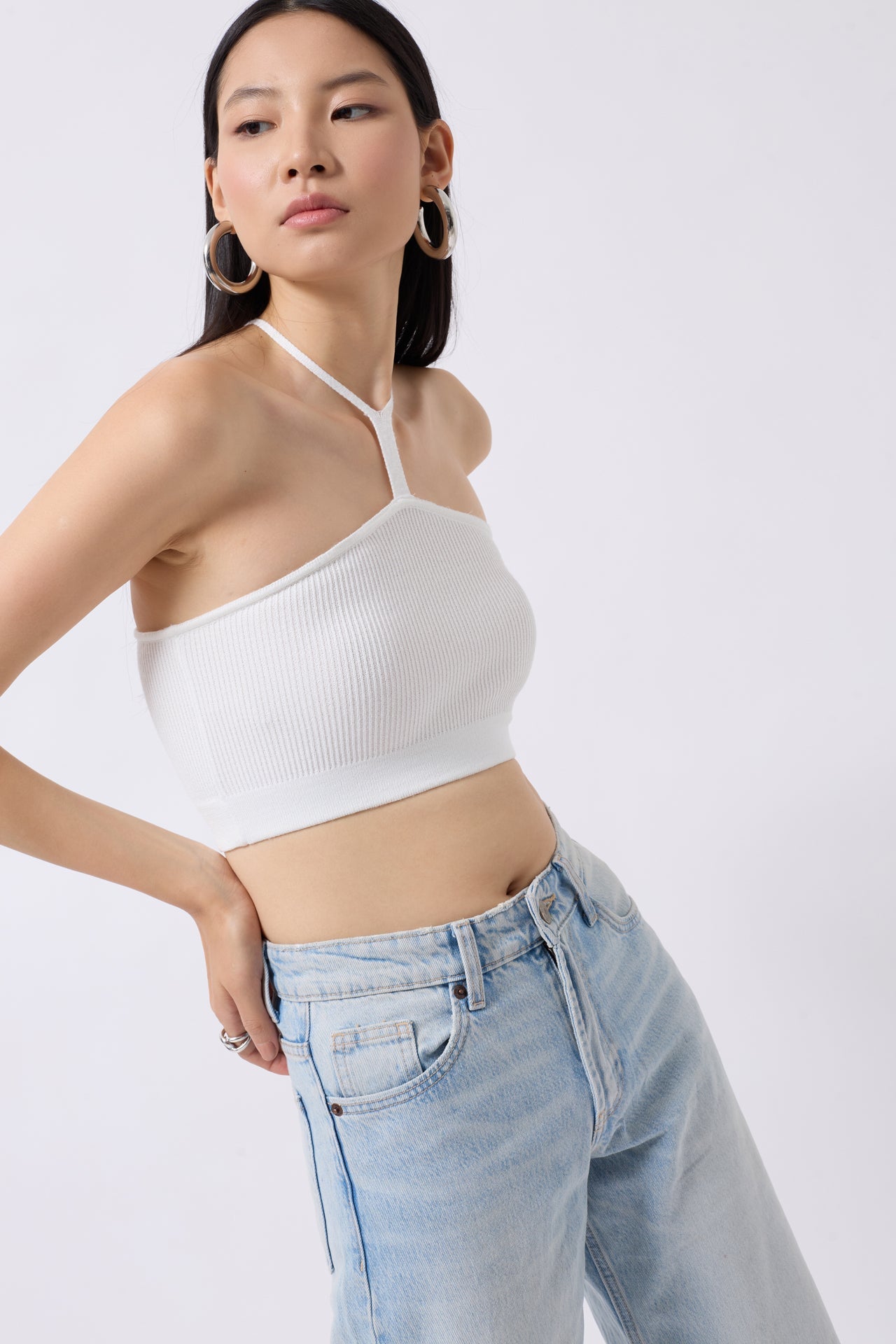 Pencere Detay Ribbed Ecru Crop