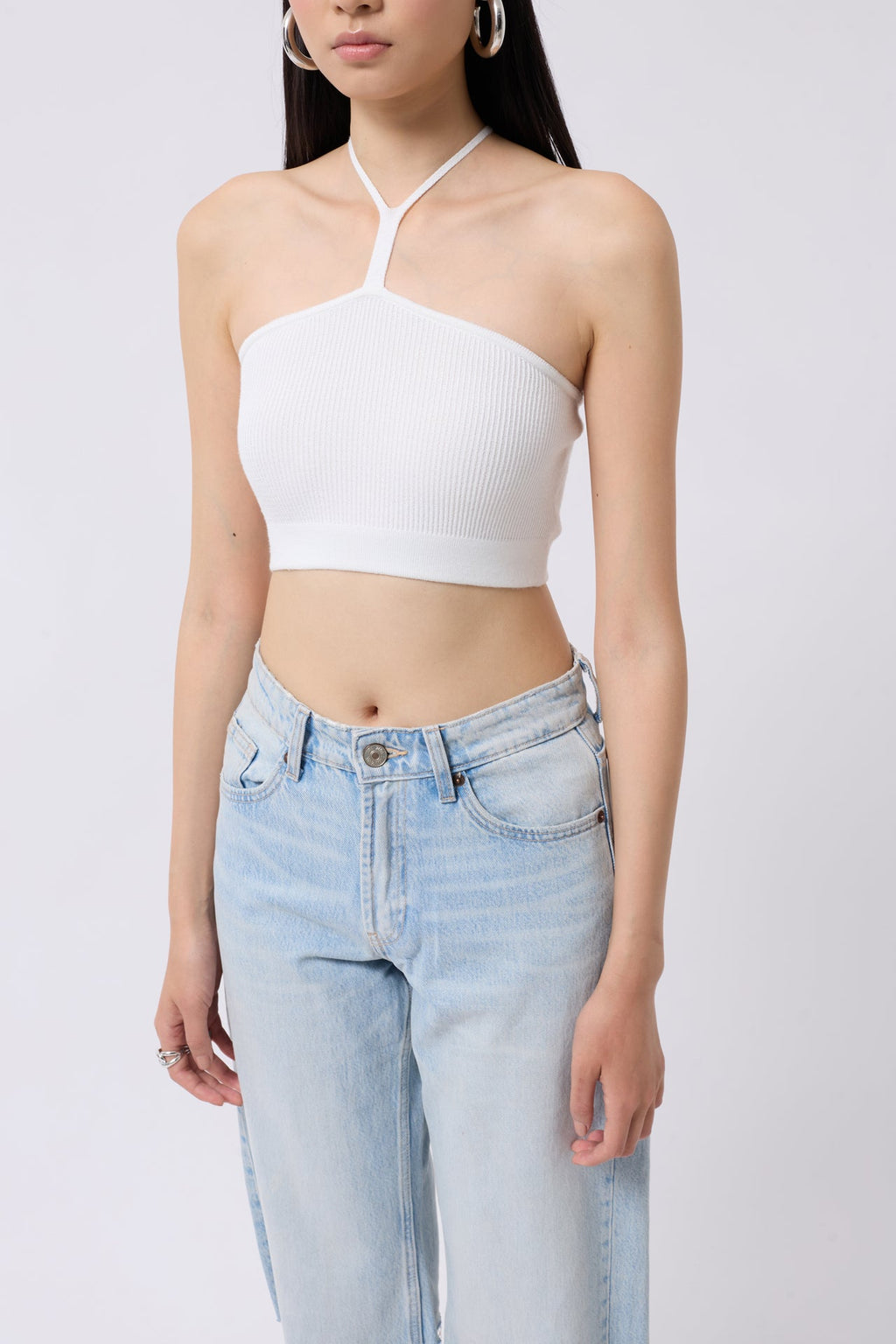 Pencere Detay Ribbed Ecru Crop
