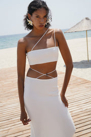 Strap Detail Textured Ecru Strapless Crop