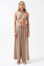 Cross Tie Linen Beige Crop Top