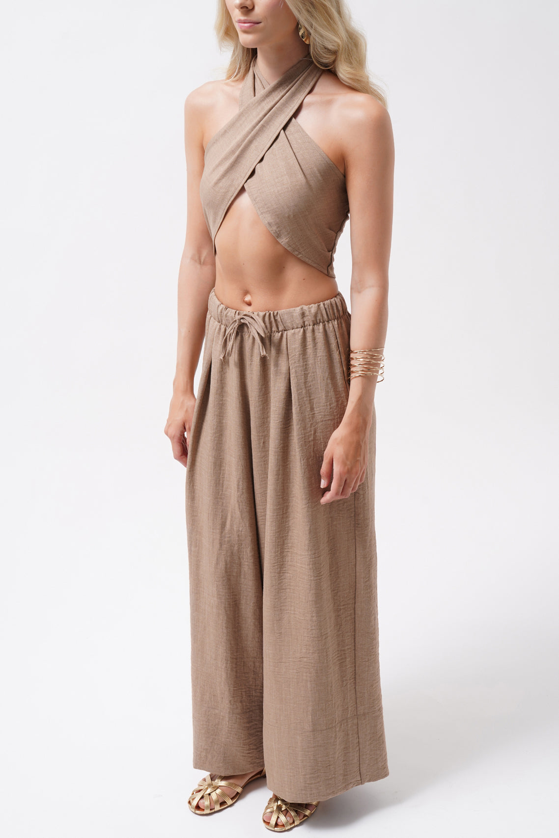 Cross Tie Linen Beige Crop Top