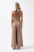 Cross Tie Linen Beige Crop Top
