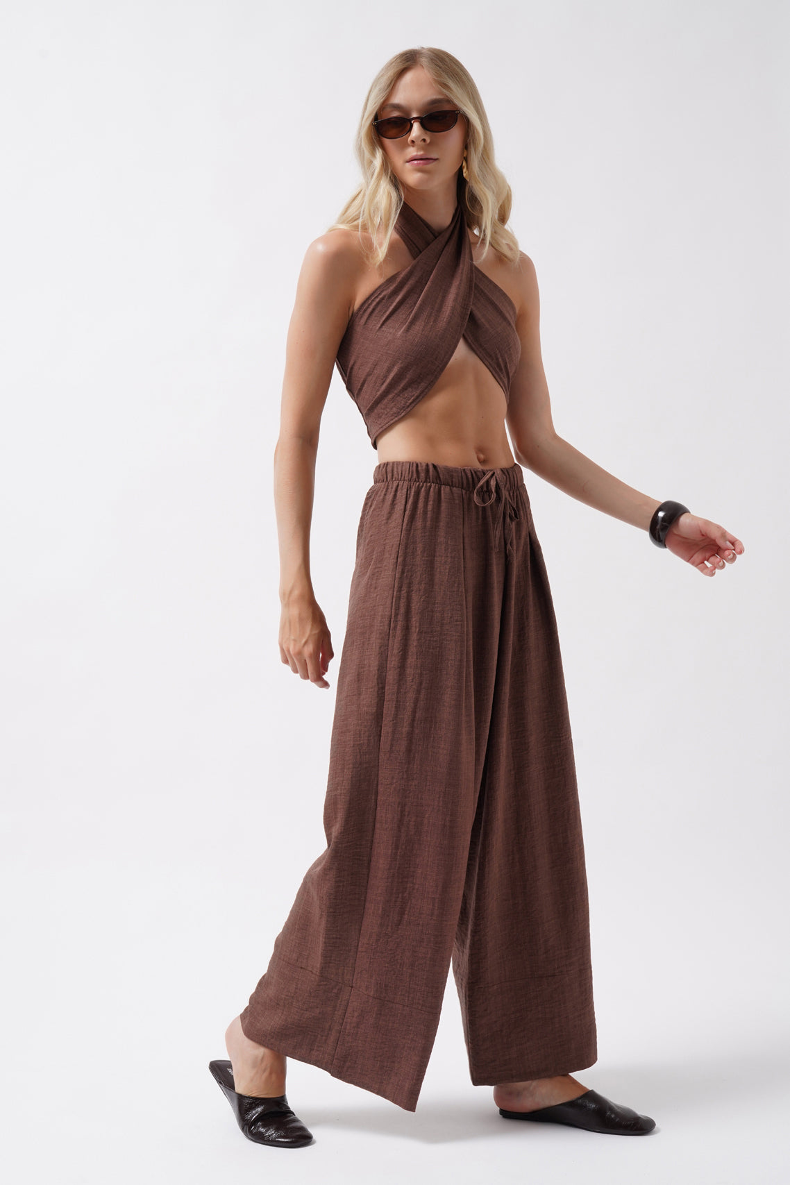 Cross Tie Linen Brown Crop