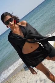 Boat Neck Long Sleeve Black Crop