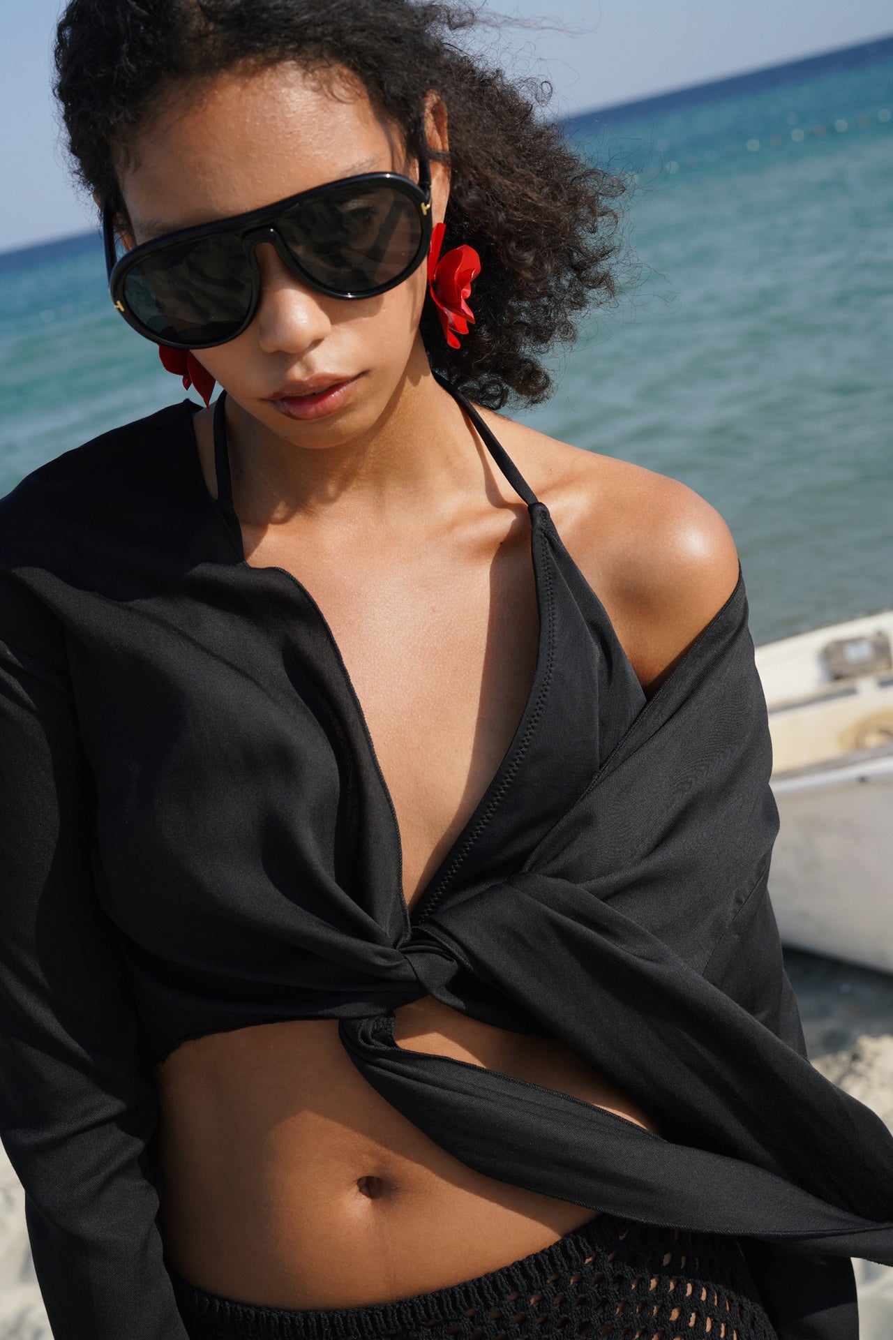 Boat Neck Long Sleeve Black Crop