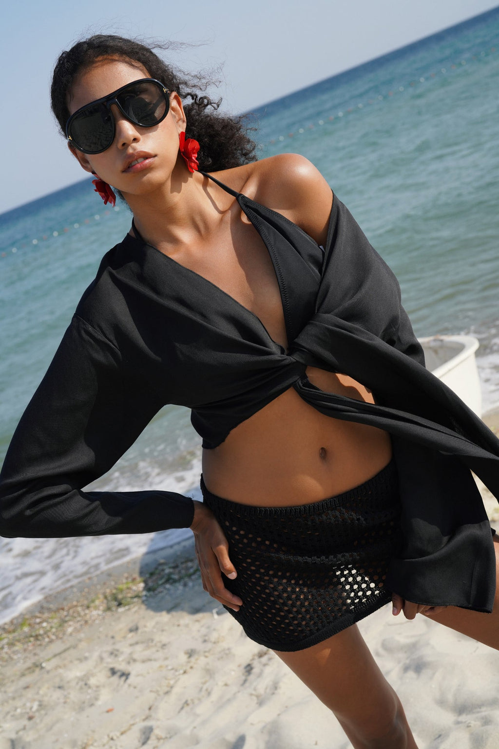Boat Neck Long Sleeve Black Crop