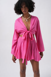 Boat Neck Long Sleeve Fuchsia Crop