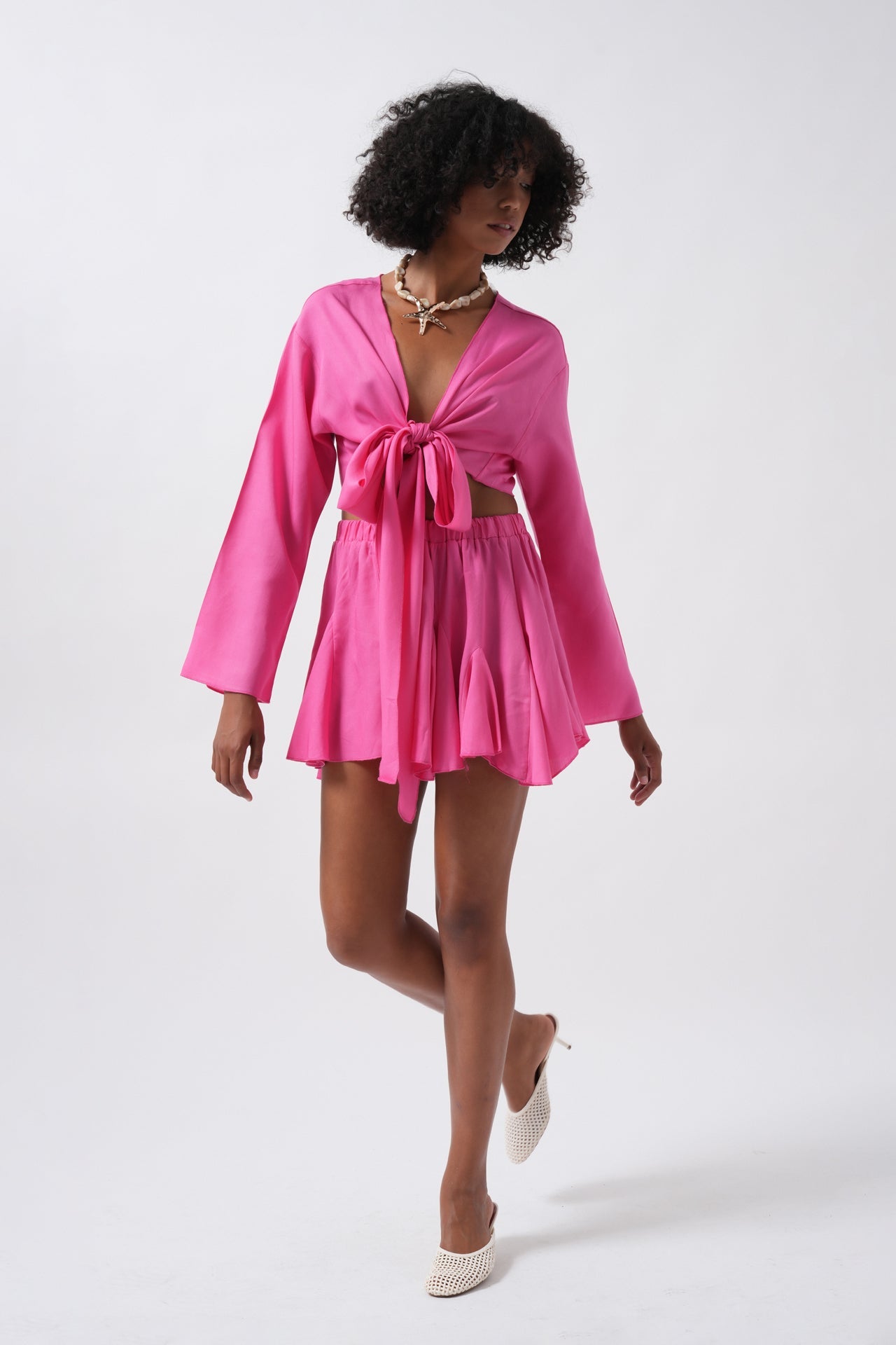 Boat Neck Long Sleeve Fuchsia Crop