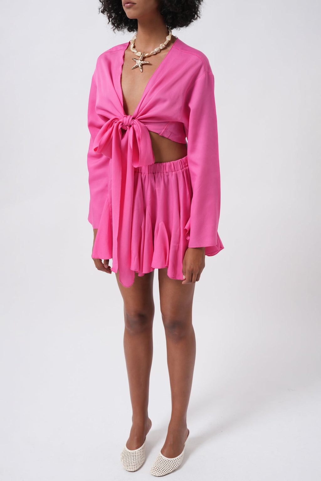 Boat Neck Long Sleeve Fuchsia Crop