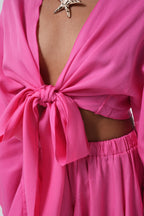 Boat Neck Long Sleeve Fuchsia Crop