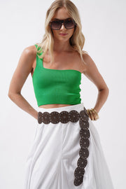 One Shoulder Crop Green Blouse