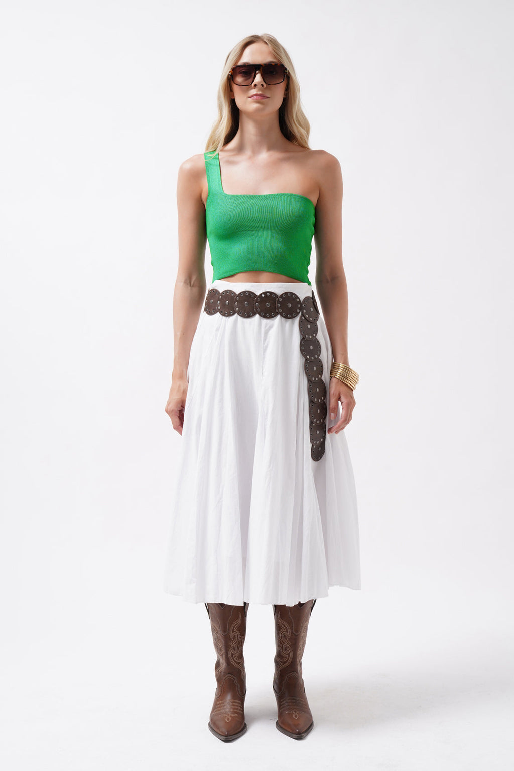 One Shoulder Crop Green Blouse