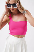 One Shoulder Crop Fuchsia Blouse