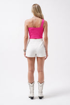 One Shoulder Crop Fuchsia Blouse