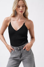 Stone Strap Black Knit Blouse