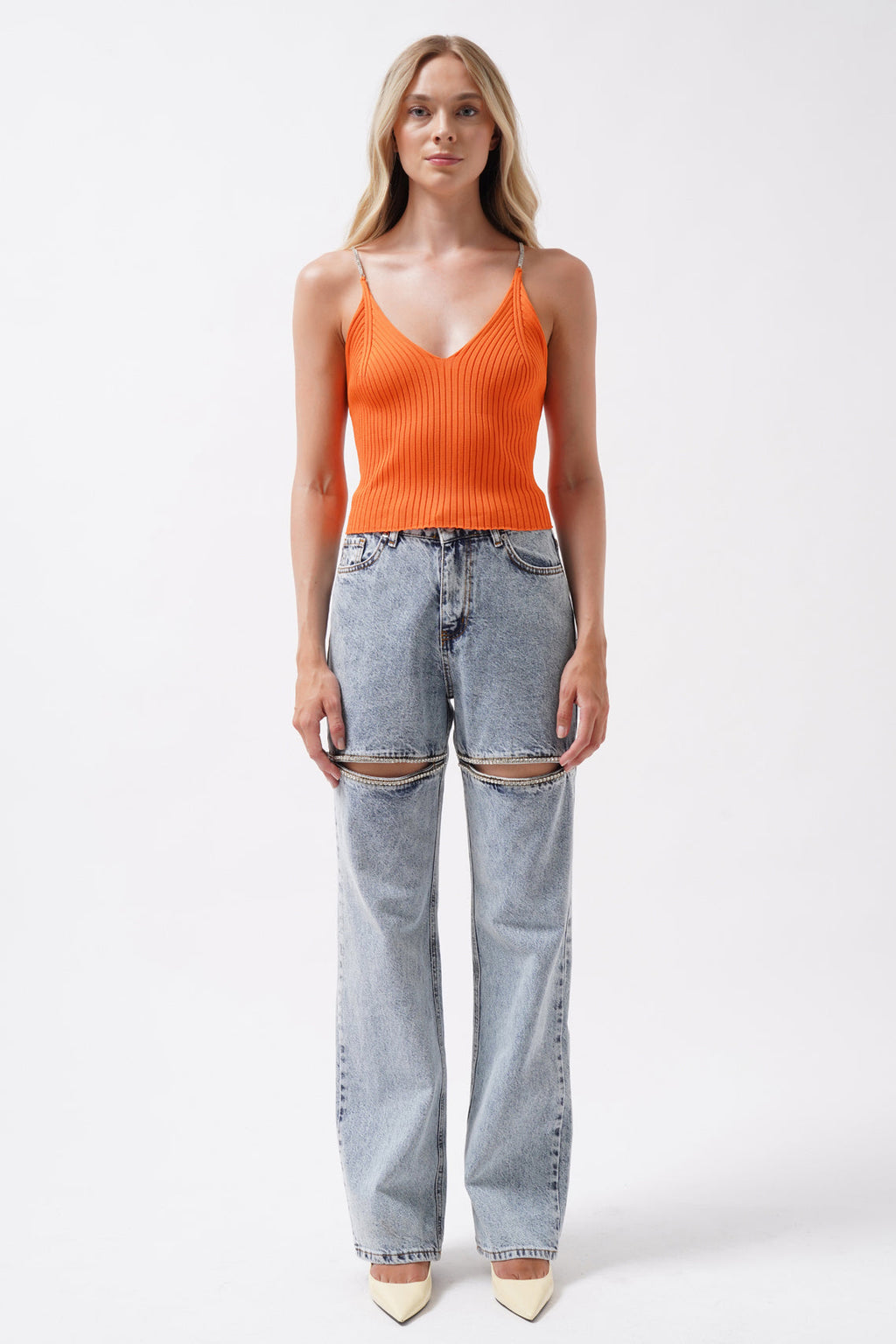 Stone Strap Orange Knit Blouse