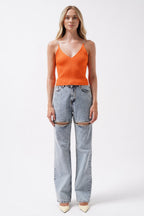 Stone Strap Orange Knit Blouse