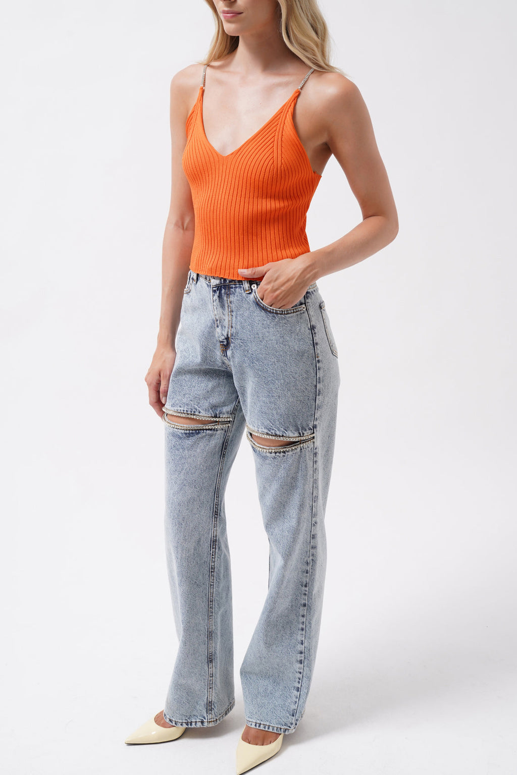 Stone Strap Orange Knit Blouse