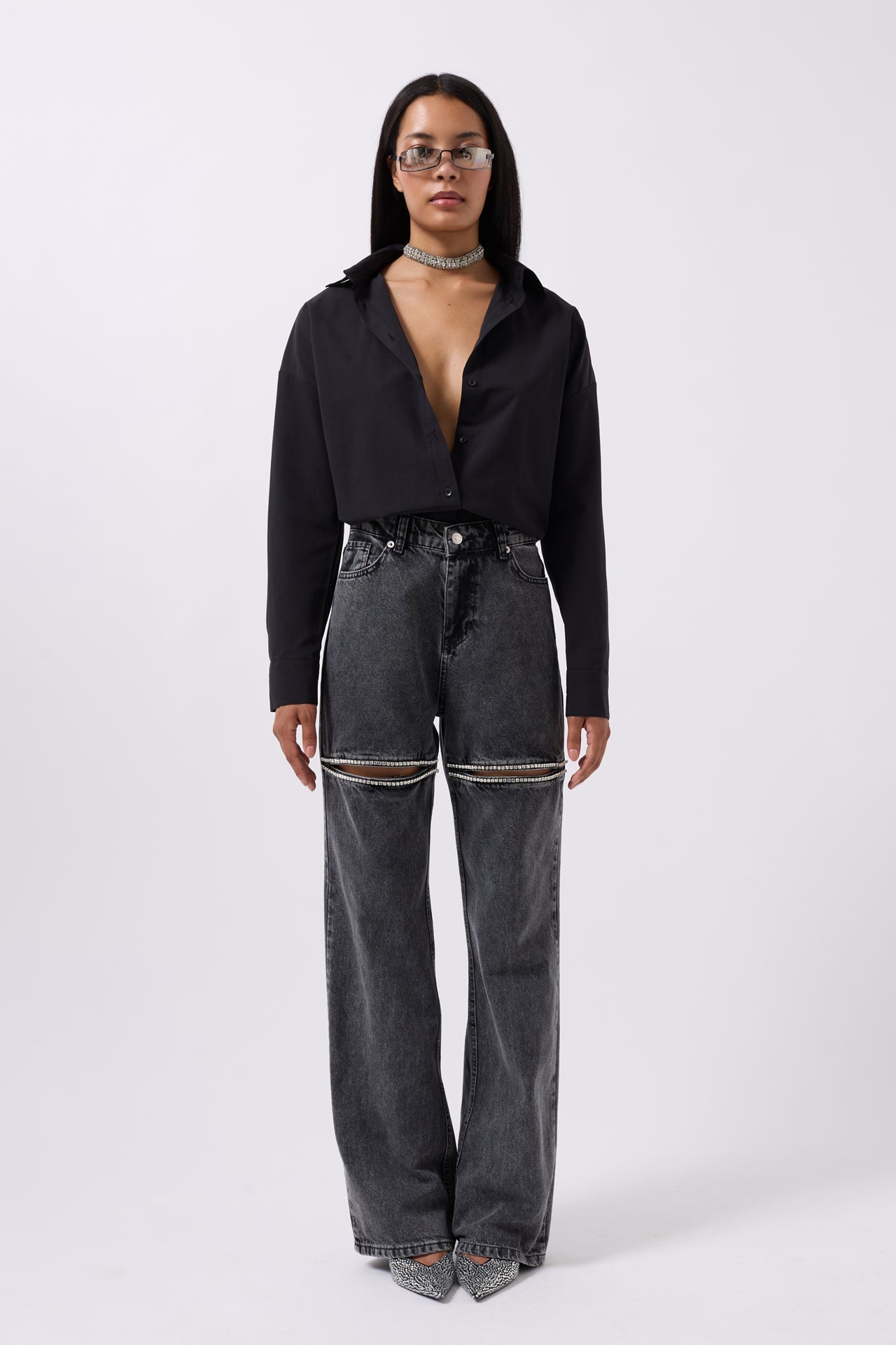 Leg Cutout Black Stone Embellished Jeans