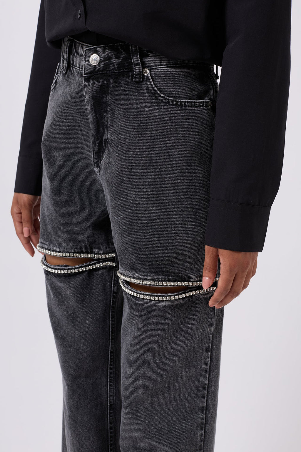 Leg Cutout Black Stone Embellished Jeans