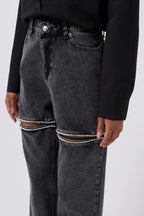 Leg Cutout Black Stone Embellished Jeans
