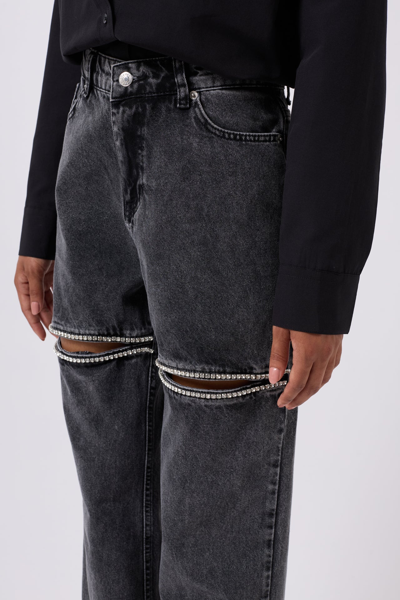 Leg Cutout Black Stone Embellished Jeans