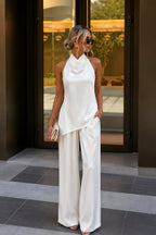 Asymmetric Cut Open-Back Blouse Pants İkili White Satin Set