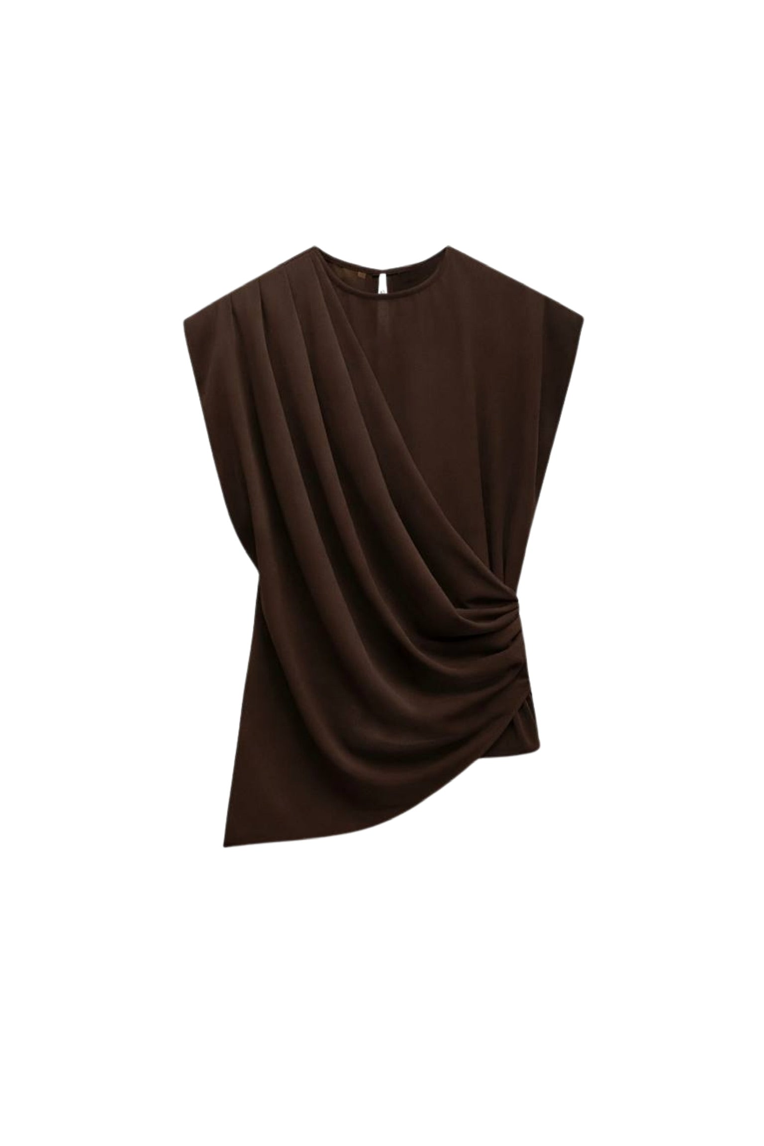 Ruched Shoulder Sleeveless Brown Blouse