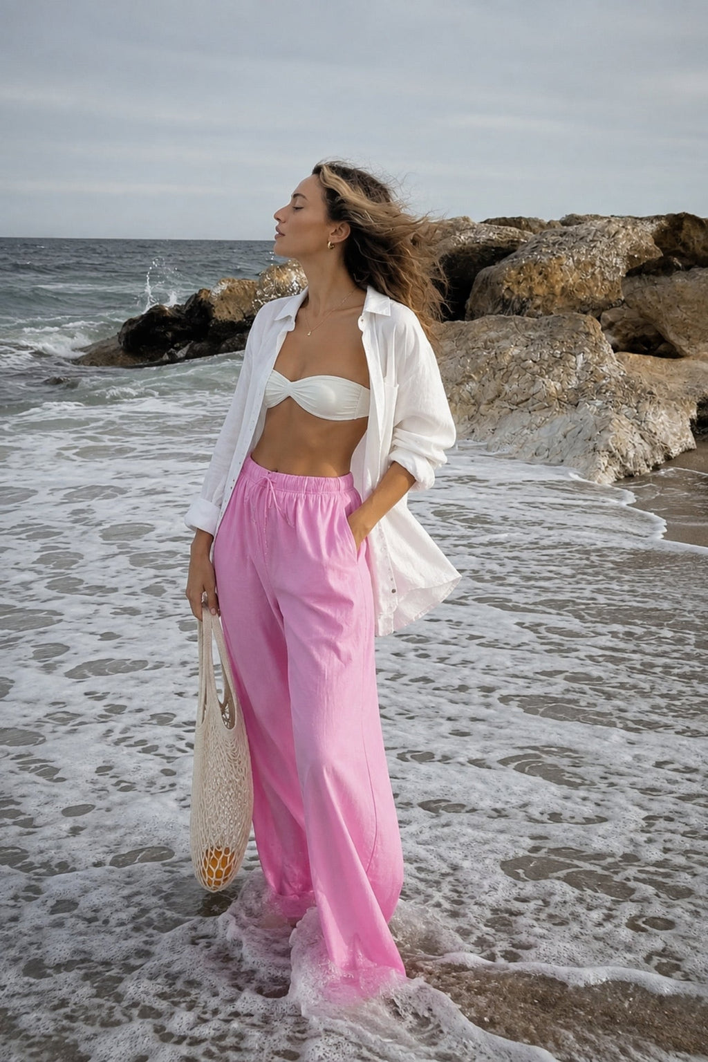 Waist Elastic Detail Pink Modal Trousers
